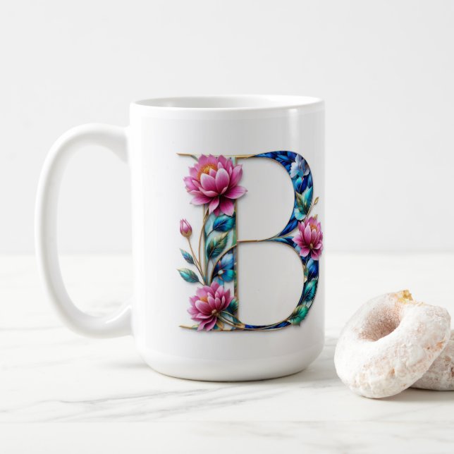 Mug Bouteille à café lettre B fleurie (Avec donut)