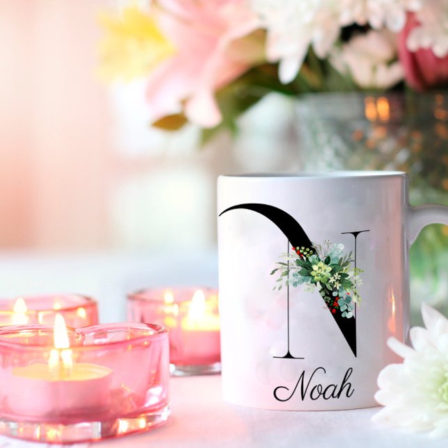 Mug Bouteille de café monogramme initiale fleur sauvag (Créateur téléchargé)