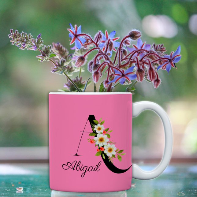 Mug Bouteille de café rose monogramme fleur sauvage (Créateur téléchargé)