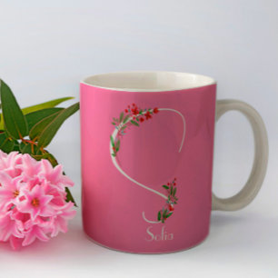Mug Bouteille de café rose monogramme fleur sauvage
