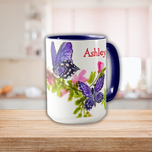 Mug Bouteille et fleurs d'aquarelle pourpre personnali