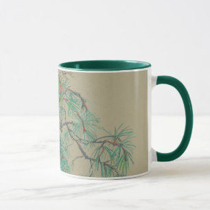 Mug "Branche de pin", dessin pastel dans les tons vert