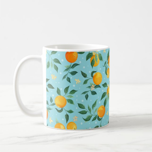Mug Branches d'oranges avec fleurs sur un dos bleu (Gauche)