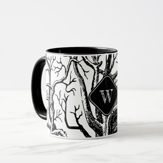Mug Brèches Abstraites en noir rustique Monogramme (Devant gauche)