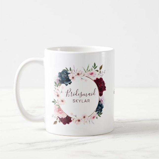 Mug Bridesmaid Bourgogne et Rose de la marine Aquarell (Gauche)