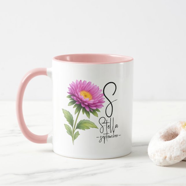 Mug Bright Aster Monogram – Fleur de naissance de sept (Avec donut)