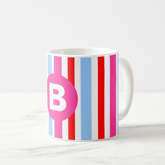 Mug Bright Pink and Blue Candy Stripes Monogram (Devant droit)