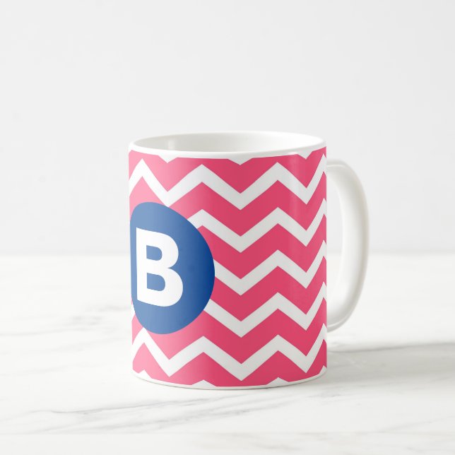 Mug Bright Pink and White Chevron Pattern Monogram (Devant droit)
