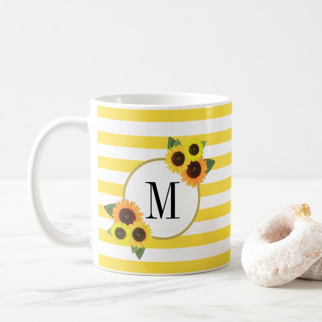 Mug Bright Stripes Yellow Sunflower Monogramme Floral (Avec donut)