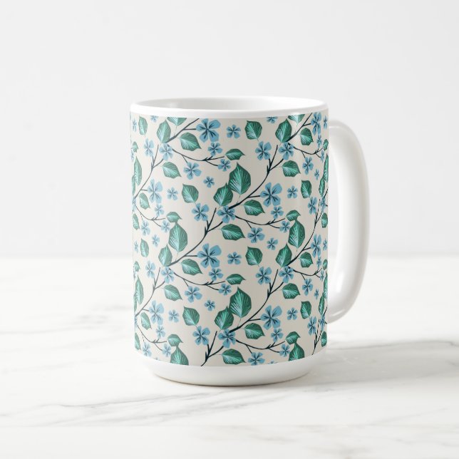 Mug Brins avec des feuilles vertes et des fleurs bleue (Devant droit)