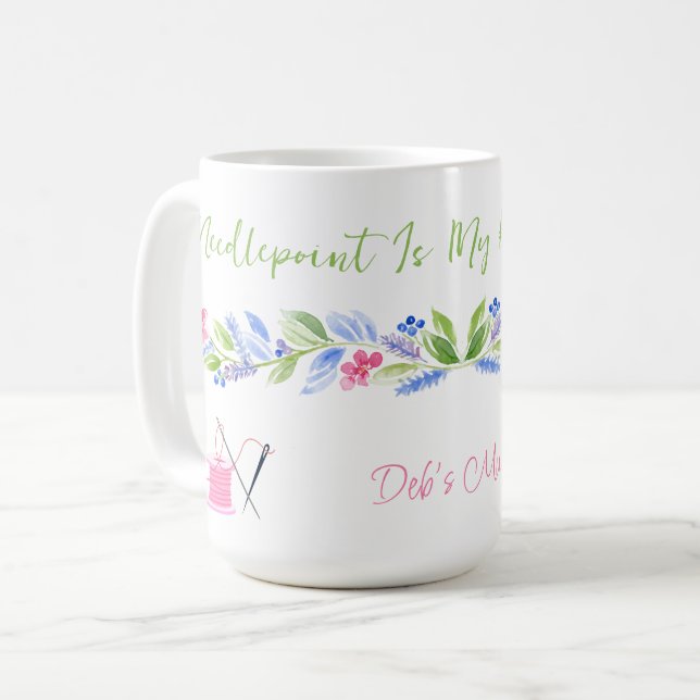 Mug Broderie Fleurie Aquarelle Endroit Heureux NOM (Devant gauche)