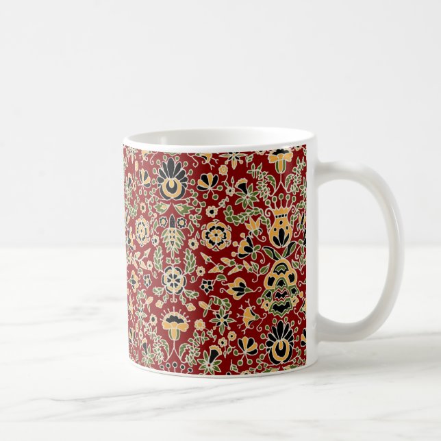 Mug Broderie folle Jaune, Vert, Noir sur Rouge profond (Droite)