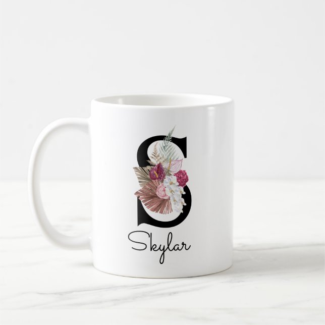 Mug Broderie Rose Boho Fleur Initiale S (Gauche)