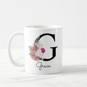 Mug Broderie Rose Boho Floral Initiale G