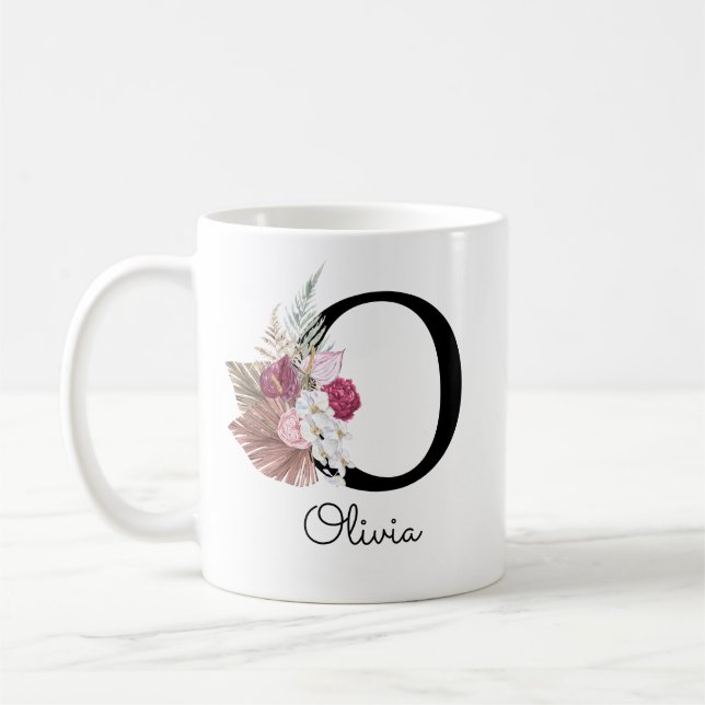 Mug Broderie Rose Boho Floral Initiale O (Gauche)