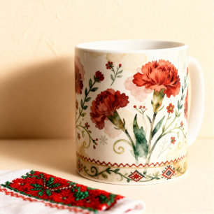 Mug Broderie Shevitsa Bulgare Fleurs Rouges Art Popula