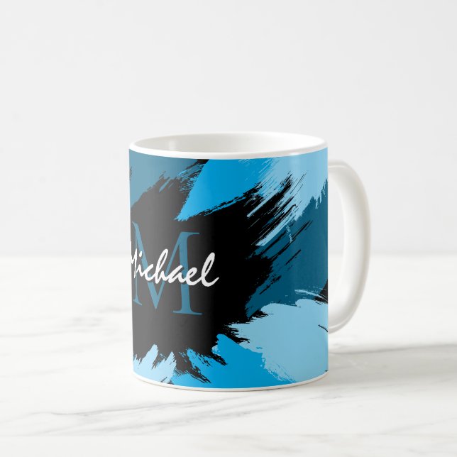 Mug Brosse nuances de nom bleu avec monogramme (Devant droit)