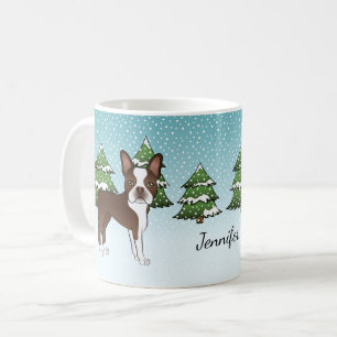 Mug Brown Boston Terrier Dans Une Forêt D'Hiver Et Nom