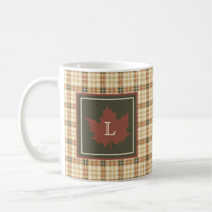 Mug Brown Plaid Motif Automne Maple Leaf Monogramme