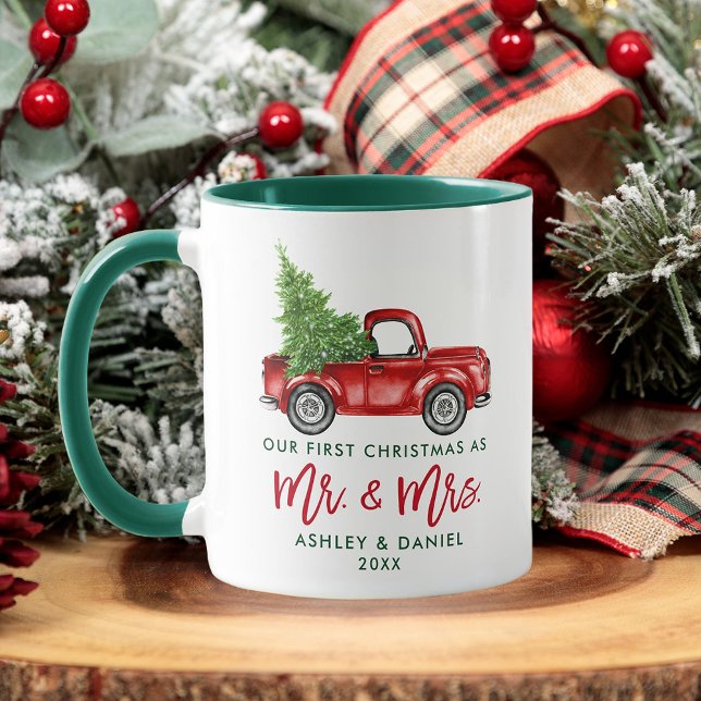 Mug Brush Script Premier Noël M. Mme Truck Green (Customize to change your personalized text size or style.)