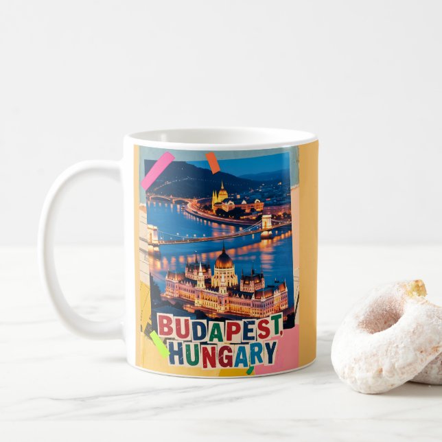Mug Budapest Hongrie Nuit Paysage Urbain Collage Pop A (Avec donut)