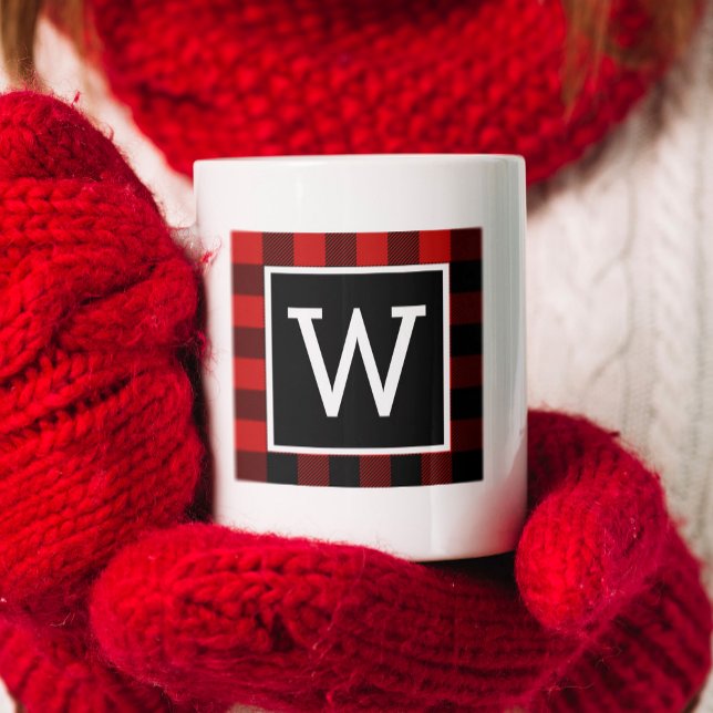 Mug Buffalo Plaid Monogram Holiday (Classic Monogram with a buffalo plaid pattern behind it perfect for a holiday gift.)