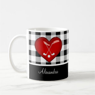 Mug  Buffalo Plaid Noir Blanc clubs de golf coeur roug