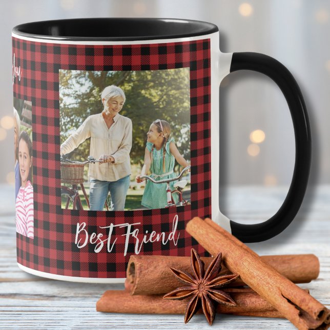 Mug Buffalo Plaid Red Christmas Family Photo Collage (Créateur téléchargé)