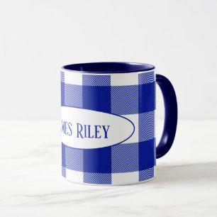 Mug buffle bleu et blanc plaid de nom