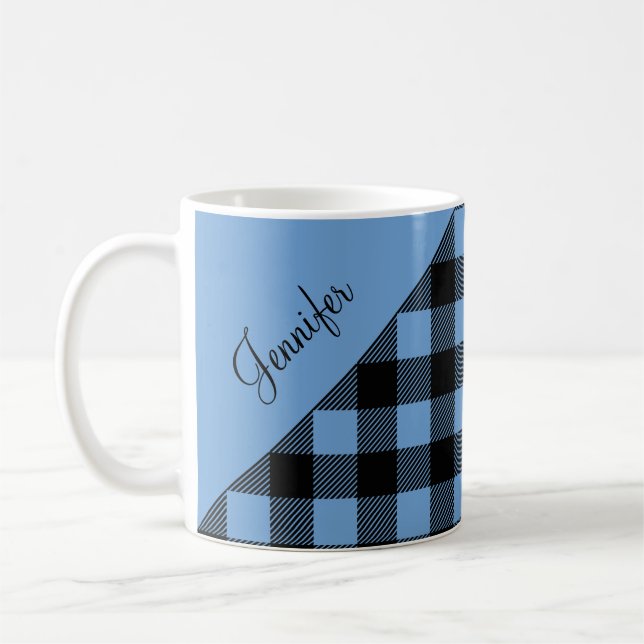 Mug Buffle bleu moderne Chèque Motif Nom Café (Gauche)