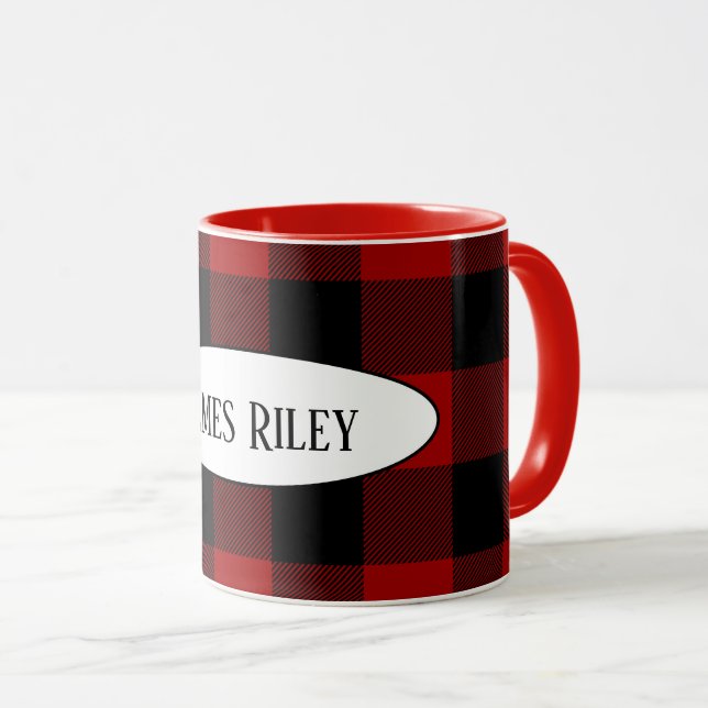 Mug buffle noir et rouge plaid de nom (Devant droit)