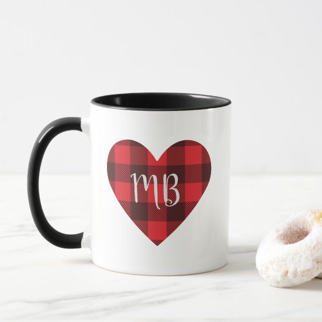 Mug Buffle rouge et noir Plaid/Check Coeur de monogram (Avec donut)