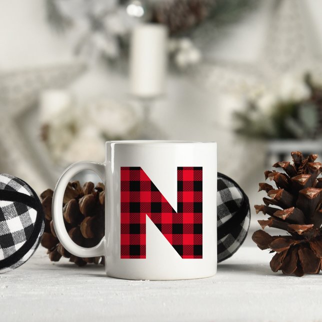 Mug Buffle rouge et noir Plaqué en gras Lettre N Monog (Letter N Monogram Christmas Coffee Cup)