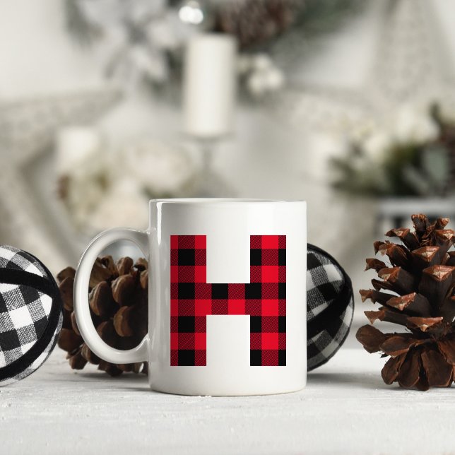 Mug Buffle rouge et noir poli en gras Lettre H Monogra (Letter H Monogram Christmas Coffee Cup)