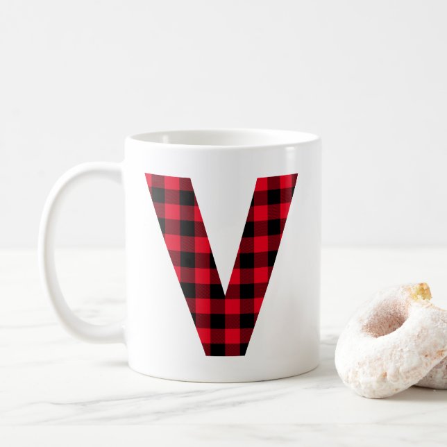 Mug Buffle rouge et noir poli en gras V Monogramme (Avec donut)