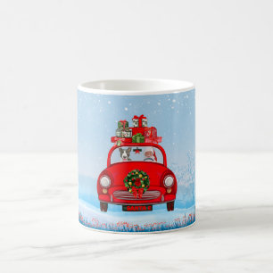 Mug Bull Terrier Dog In Car With Santa Claus