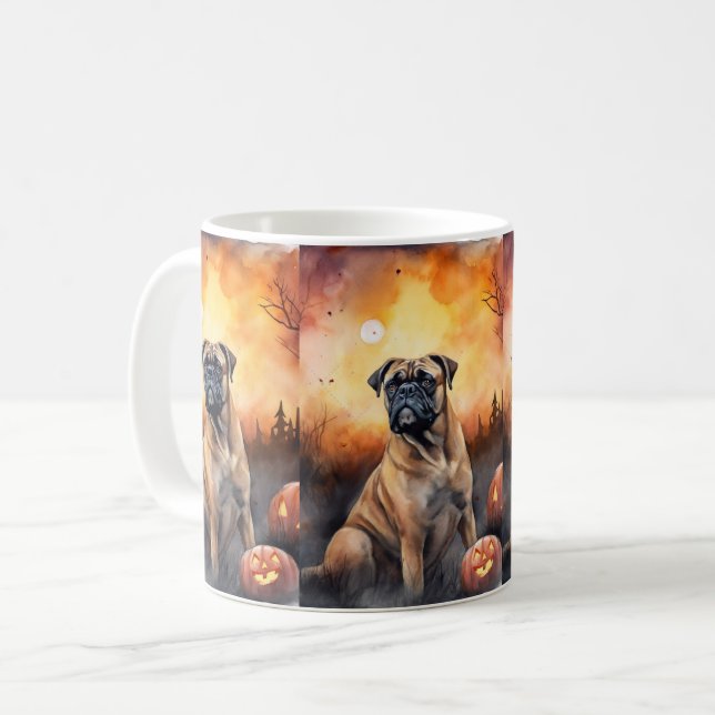 Mug Bullmastiff d'Halloween avec citrouilles effrayant (Devant gauche)