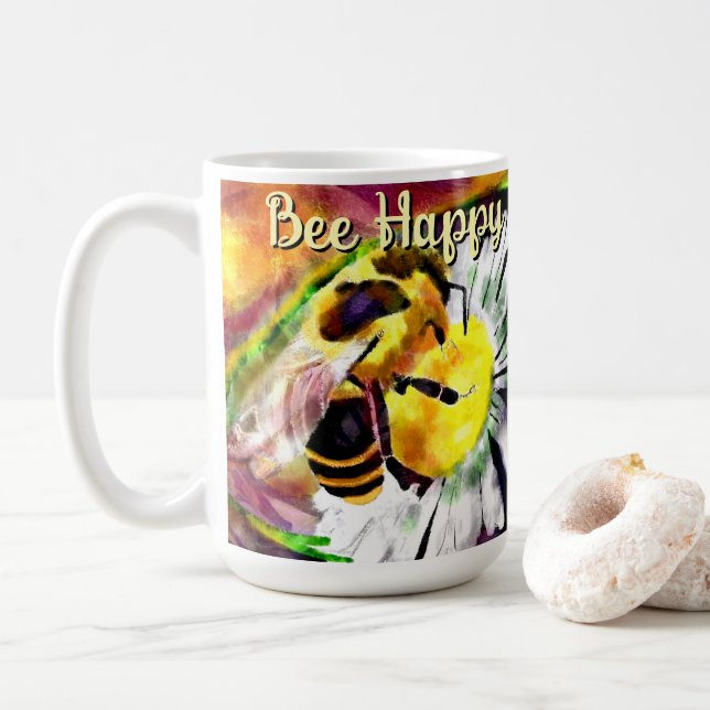 Mug Bumble Bee Happy Flower Floral Aquarelle (Avec donut)