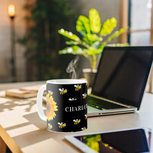 Mug Bumble noir abeilles nom de tournesol jaune