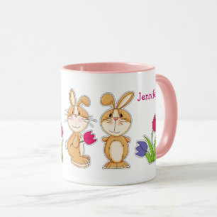 Mug Bunnies mignonnes avec tulipes Cadeau personnalisé
