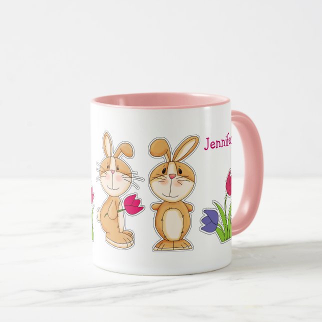 Mug Bunnies mignonnes avec tulipes Cadeau personnalisé (Devant droit)