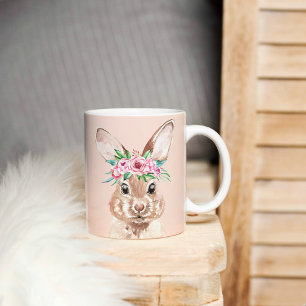 Mug Bunny D'Aquarelle Rose Pastel Moderne Avec Fleurs