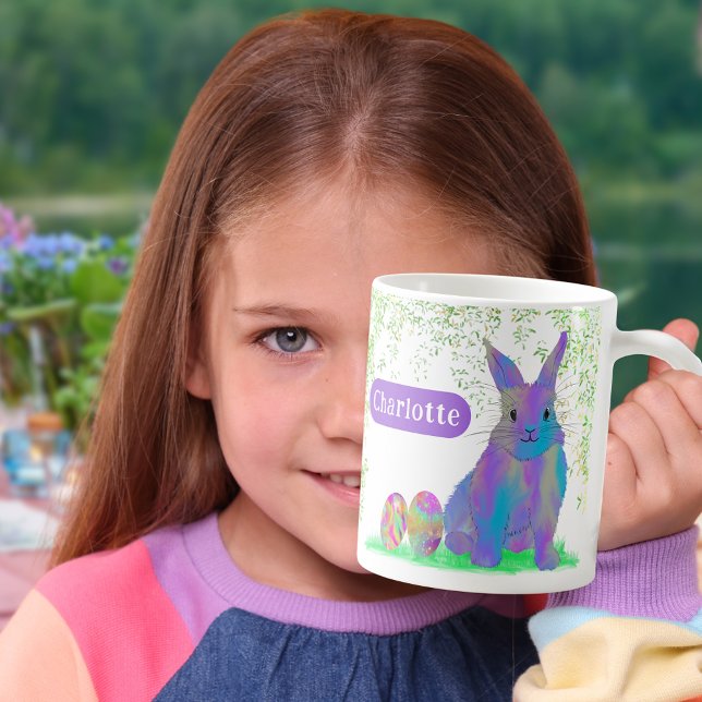 Mug Bunny de Pâques Nom personnalisé Purple (Personalized girl name cute Easter bunny egg hunt spring brunch garden party mug Colorful watrcolor)