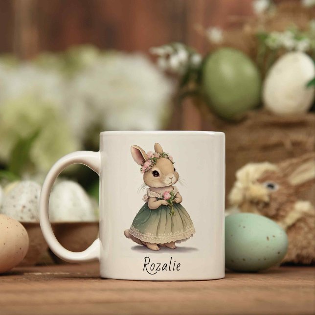 Mug Bunny Girl dans une robe Pâques rose florale (Créateur téléchargé)