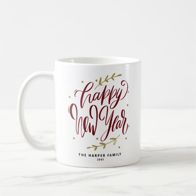 Mug Burgundy Happy New Year Modern Calligraphy Wreath (Gauche)