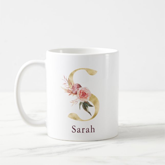 Mug Burgundy Nom et Monogramme Floral Rose Lettre S (Gauche)
