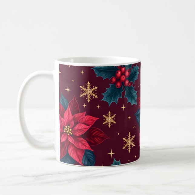 Mug Burgundy Poinsettia & Gold Snowflake  (Gauche)