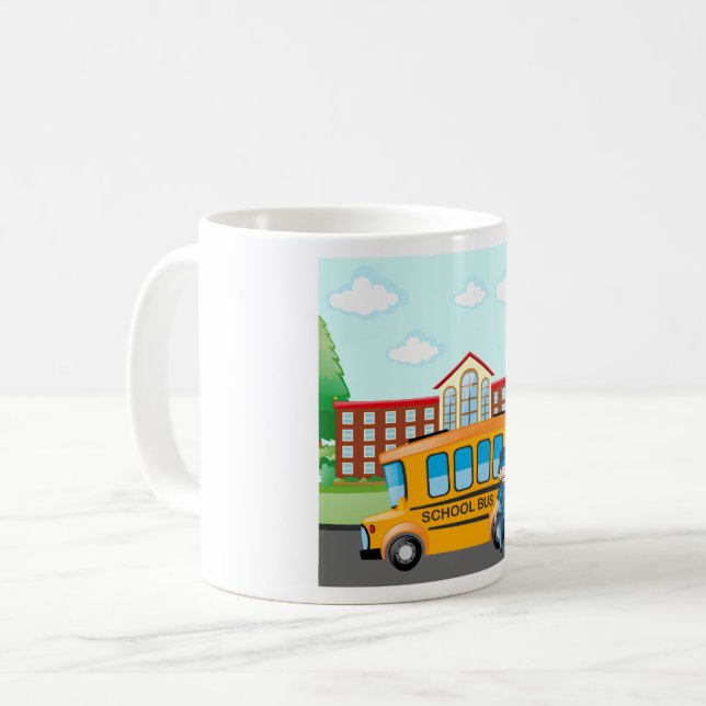 Mug Bus scolaire jaune avec chauffeur et bâtiment scol (Devant gauche)