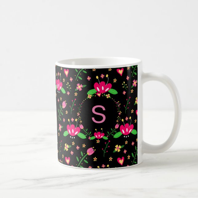 Mug Busy Floral Pattern on Black Monogram (Droite)