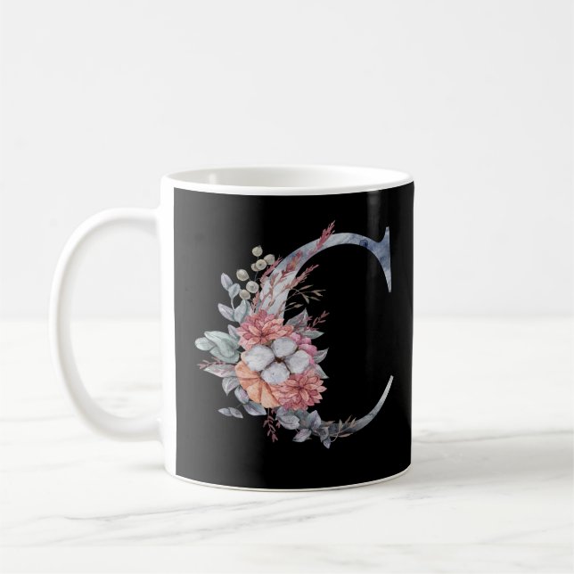 Mug C Monogramme Floral Personnalisé Bleu (Gauche)